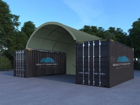 20x20ft (6x6m) shipping container dome shelter green incl semi permanent end wall 20x20ft (6x6m) shipping container dome shelter green incl semi permanent end wall